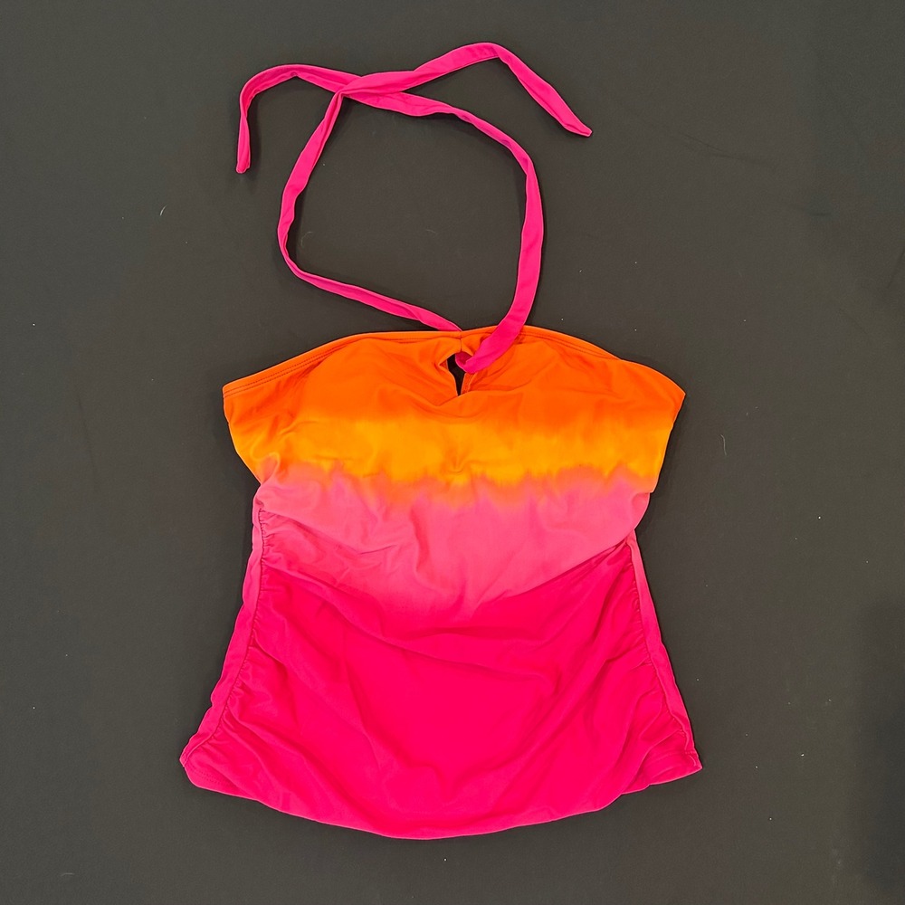Chaps Women Ombre Tankini Top Pink Orange Sunset Halter Swimwear Size 10